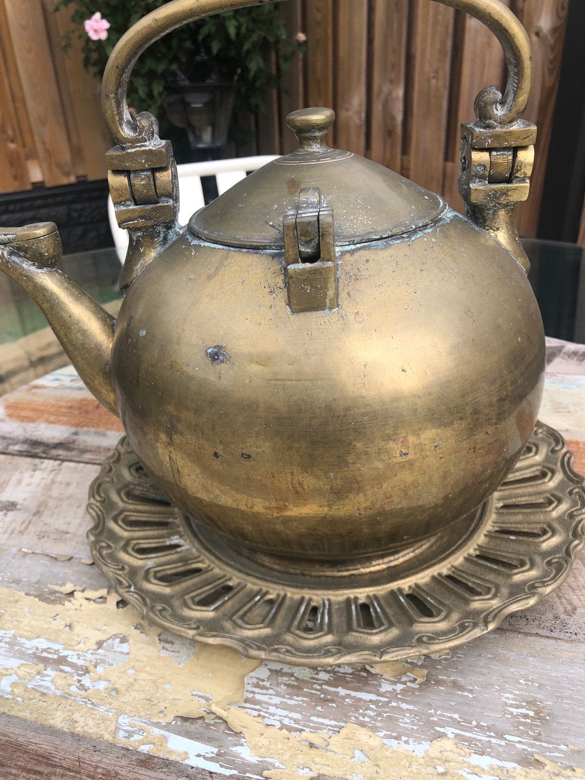 Antieke koperen theepot met onderzetter, Antiek en Kunst, Ophalen of Verzenden, Koper