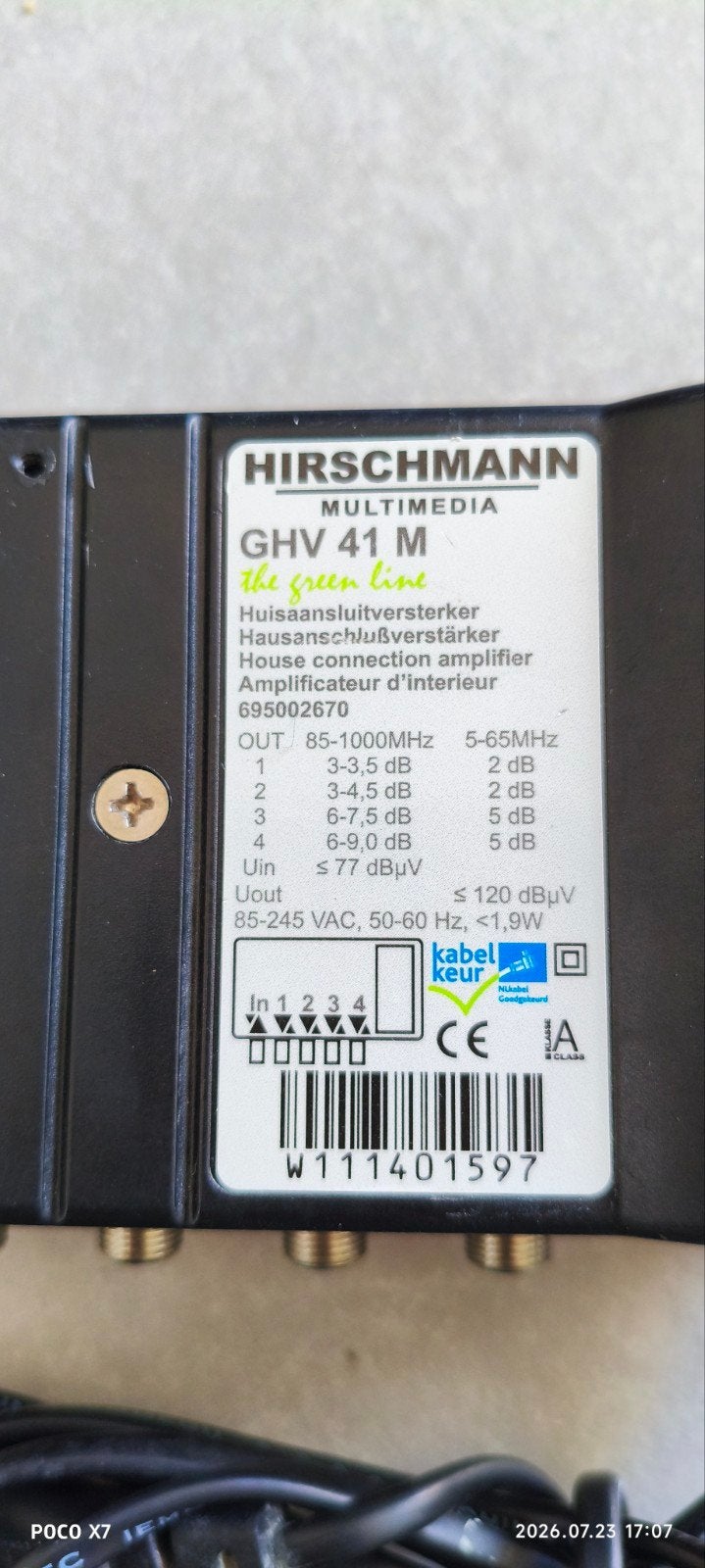 Hirschmann GHV 41 M Huis aansluitversterker, Ophalen of Verzenden, Gebruikt, Minder dan 2 meter, Overige kabels