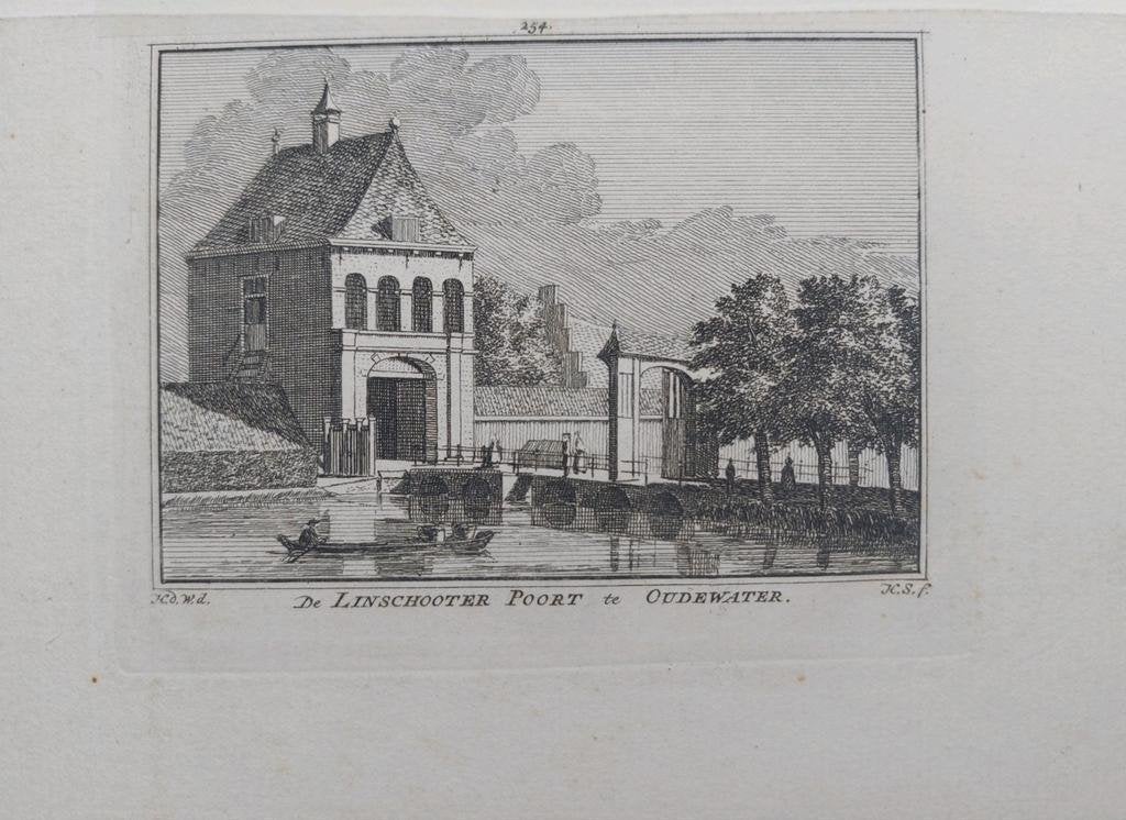 254 / Linschoter Poort te Oudewater Gravure 18e eeuw, Antiek en Kunst, Ophalen of Verzenden