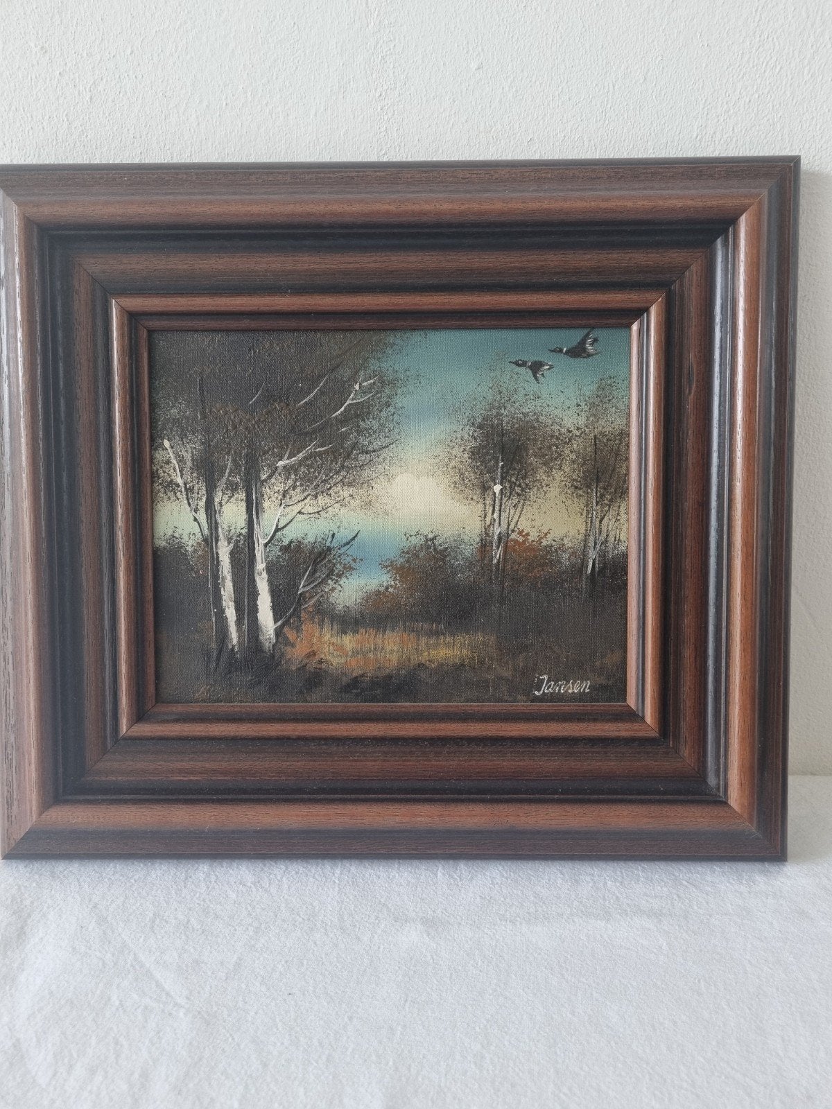 Schilderij Landschap met vogels - Gesigneerd Jansen, Doek, Origineel werk, Ophalen of Verzenden, Landschap