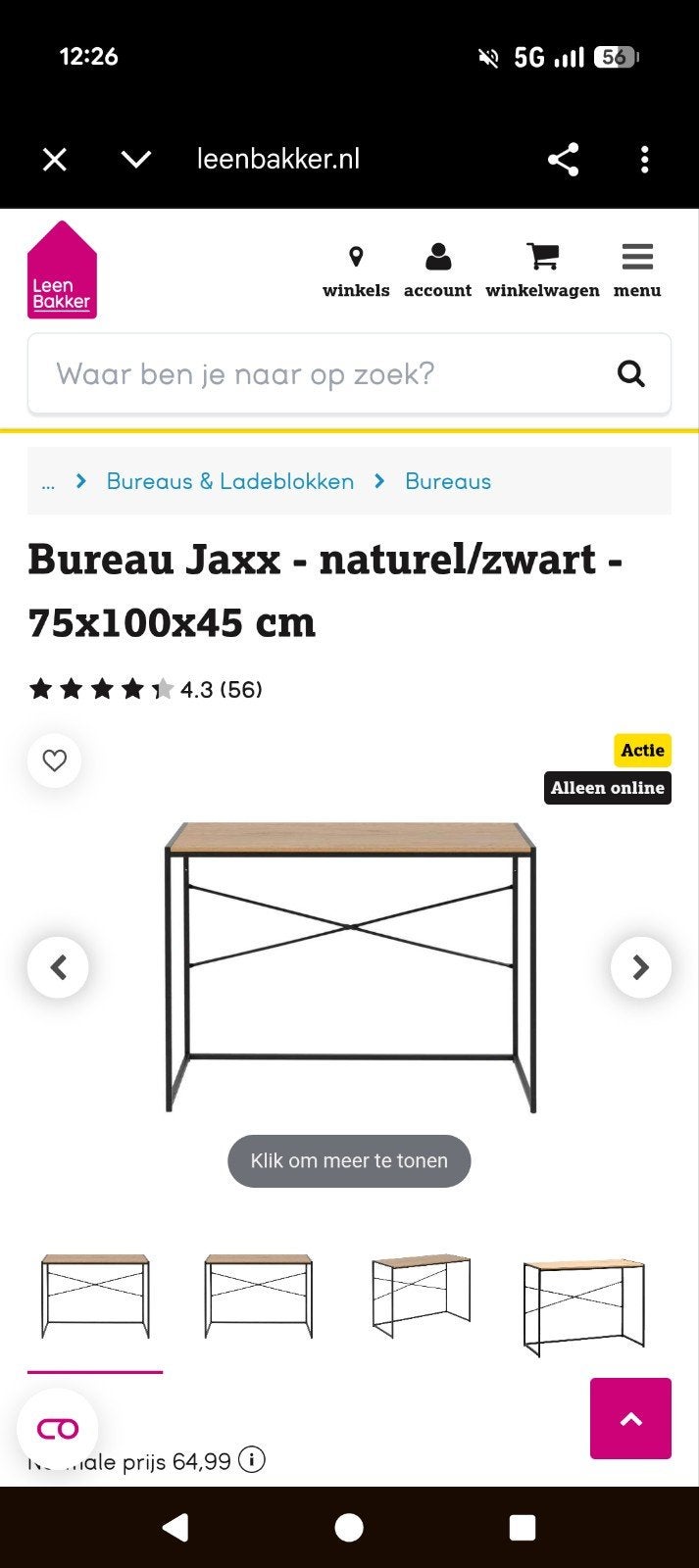 Bureau Jaxx - naturel/zwart - 75x100x45 cm, Ophalen