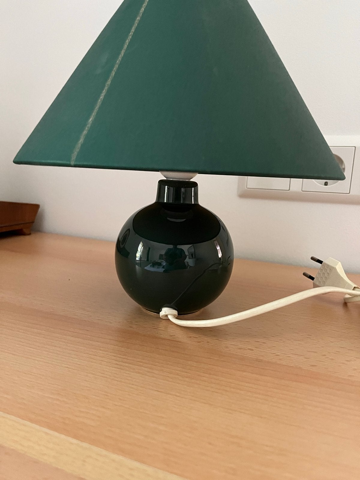 Vintage groene tafellamp met stoffen kap, Gebruikt, Overige merken, Glas, Met kap