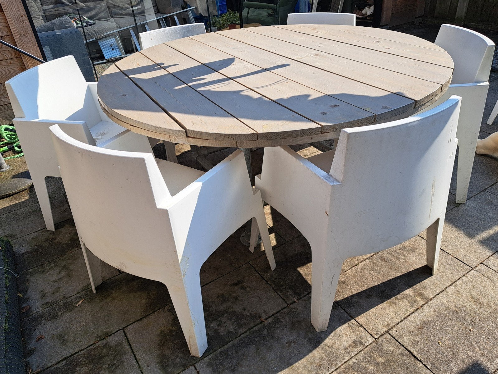 Tuintafel 160 cm met 8 stoelen, Ophalen, Gebruikt, 8 zitplaatsen, Tuinset
