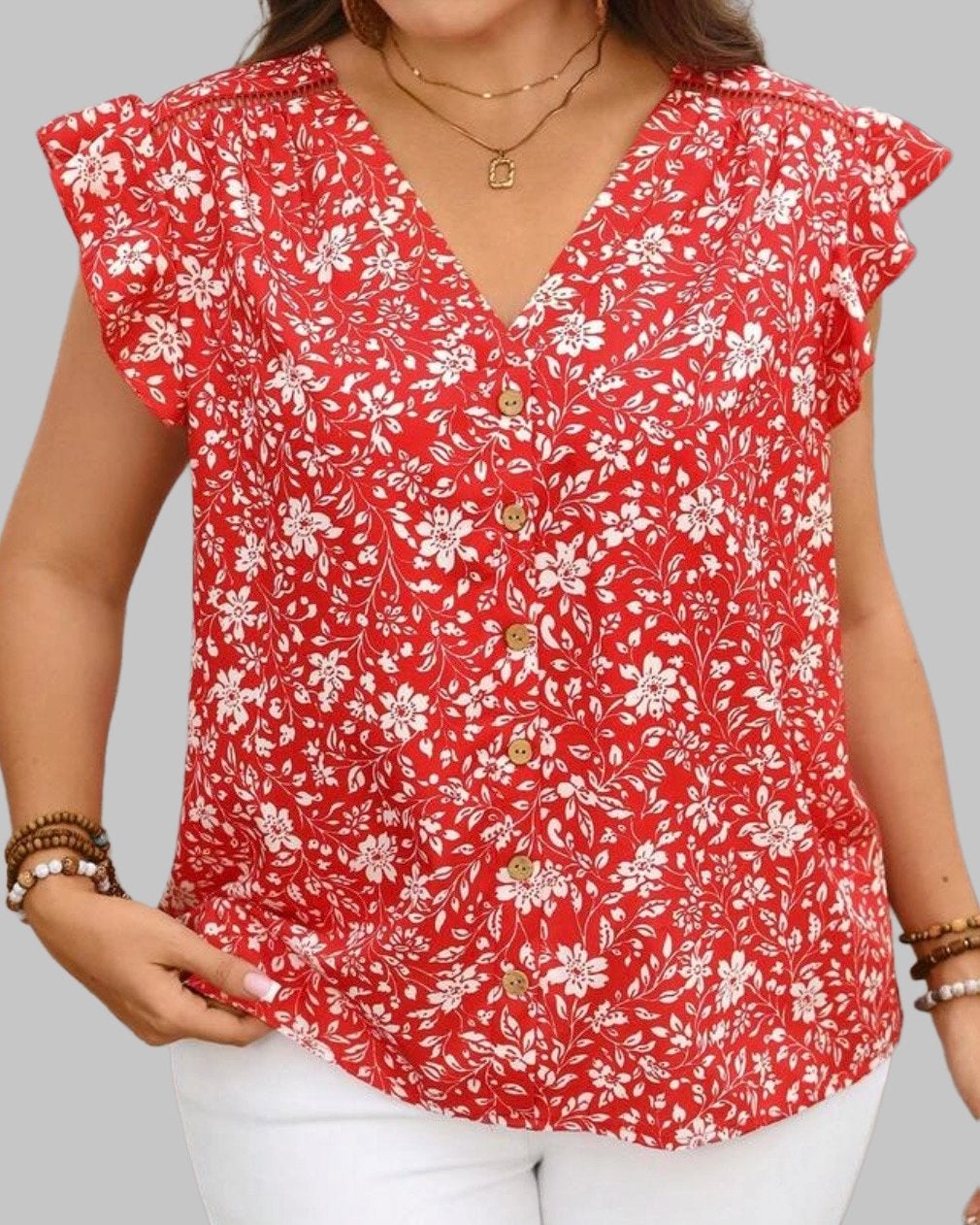 Rode blouse met bloemenprint en V-hals (44-52), Verzenden, Nieuw, Rood, Blouse of Tuniek