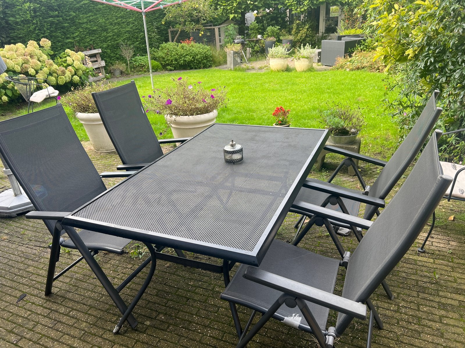 Moderne tuinset met 4 stoelen en tafel, Ophalen, 4 zitplaatsen, Gebruikt, Eettafel