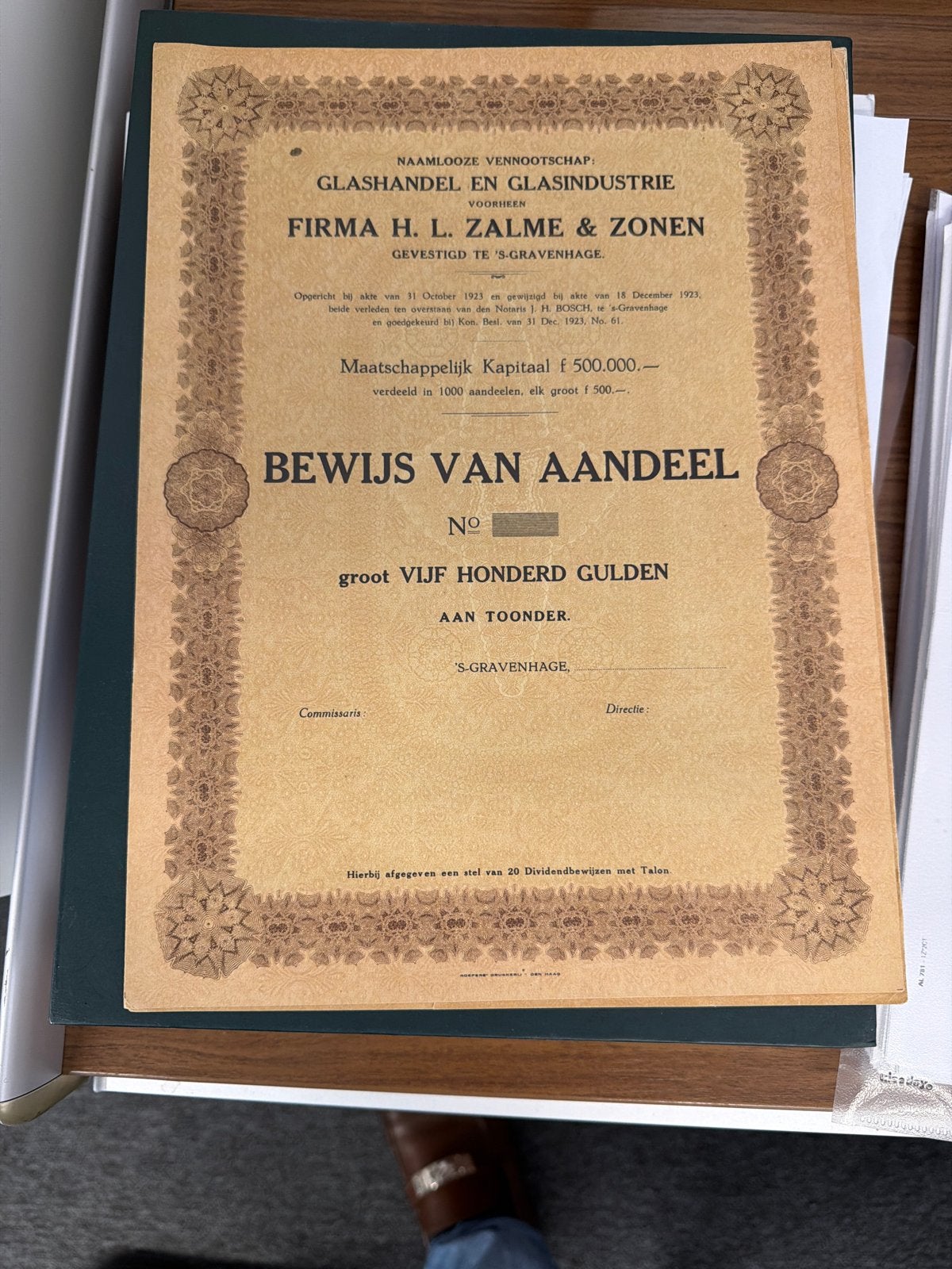 Aandeel Glashandel en Glasindustrie H.L. Zalme & Zonen, Ophalen of Verzenden, 1920 tot 1950, Aandeel