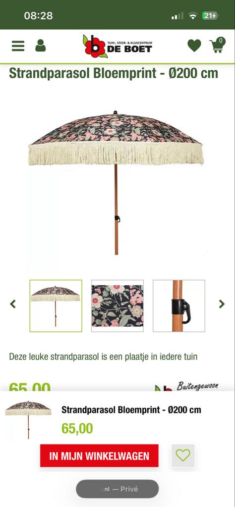 NIEUW: Strandparasol Bloemprint - Ø200 cm, Ophalen of Verzenden, Nieuw, 1 tot 2 meter, Strandparasol