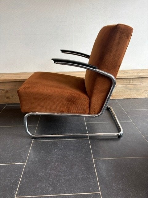 Gispen 405 fauteuil, chroom, nieuwe goudbruine ribstof, Design, 75 tot 100 cm, Zo goed als nieuw, Metaal