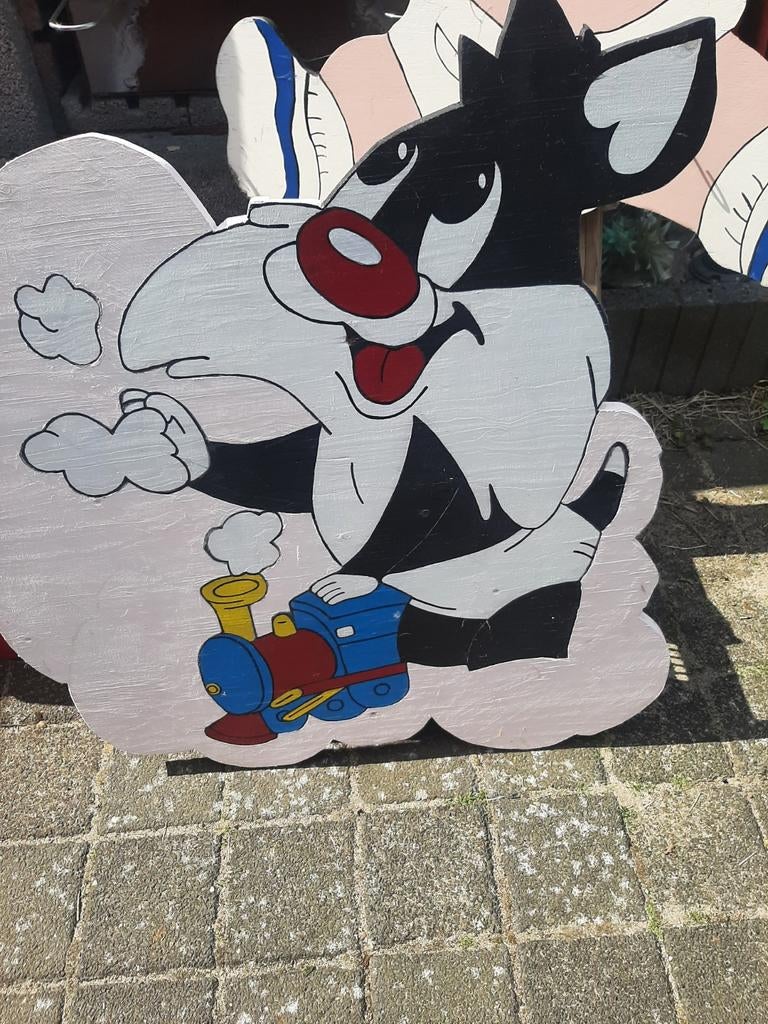 Geboortebord Sylvester de Kat Houten Decoratie met Trein, Ophalen of Verzenden, Gebruikt