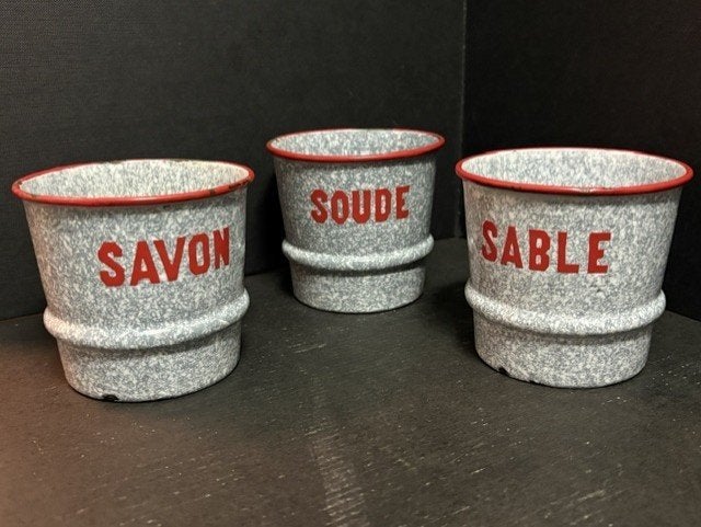 3 emaillen bakjes 'SABLE, SAVON, SOUDE', Antiek en Kunst, Ophalen of Verzenden