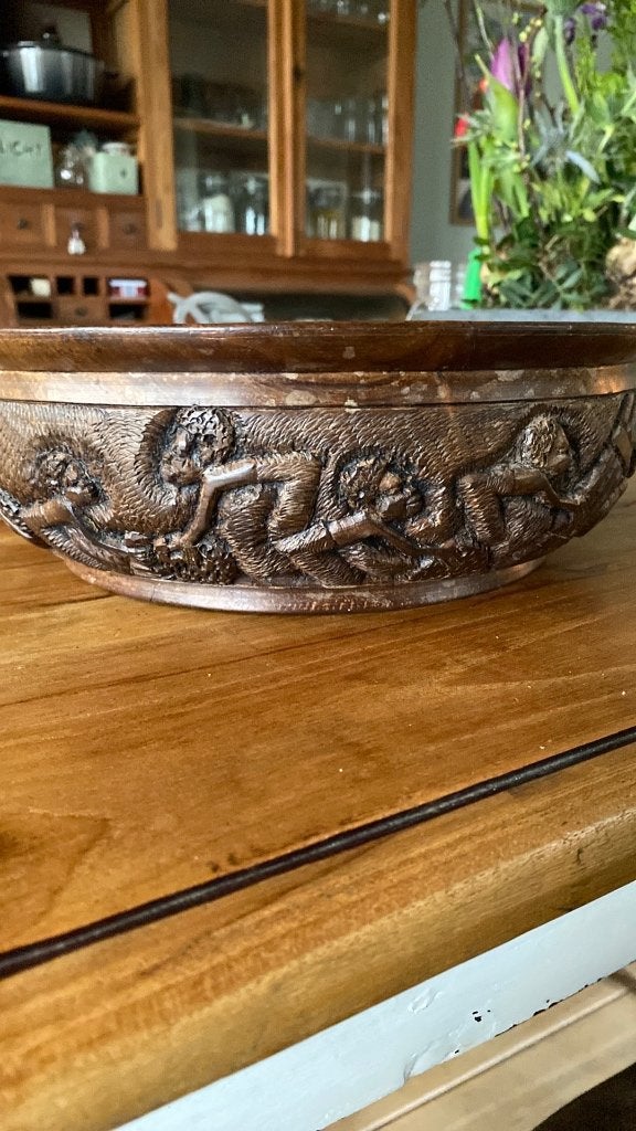 grote zware houtsnijwerk (fruit) schaal, Schaal, Rond, Ophalen of Verzenden, Zo goed als nieuw