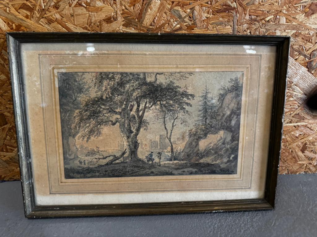 Antieke ets/gravure -arcadisch landschap in oude lijst -Rek4, Ophalen of Verzenden