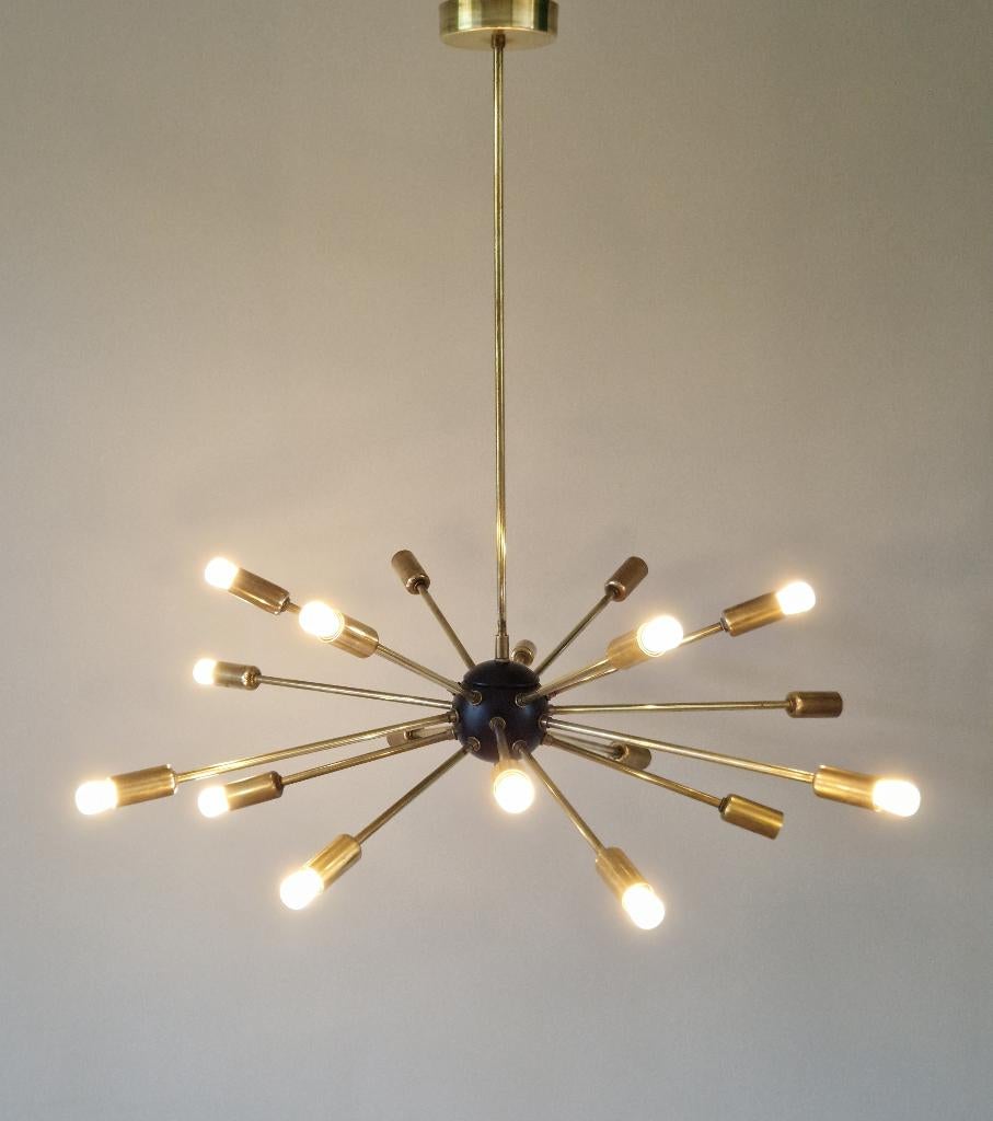 Vintage Stilnovo stijl kroonluchter, midcentury, messing, Huis en Inrichting, Ophalen, Gebruikt, Midcentury, 75 cm of meer