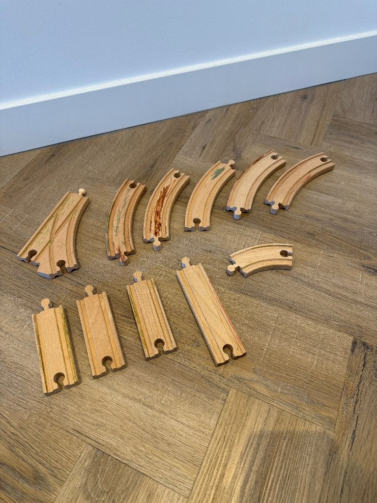 Gebruikt 11x Brio houten trein spoor rails set 33346, 33342, Ophalen of Verzenden, Gebruikt