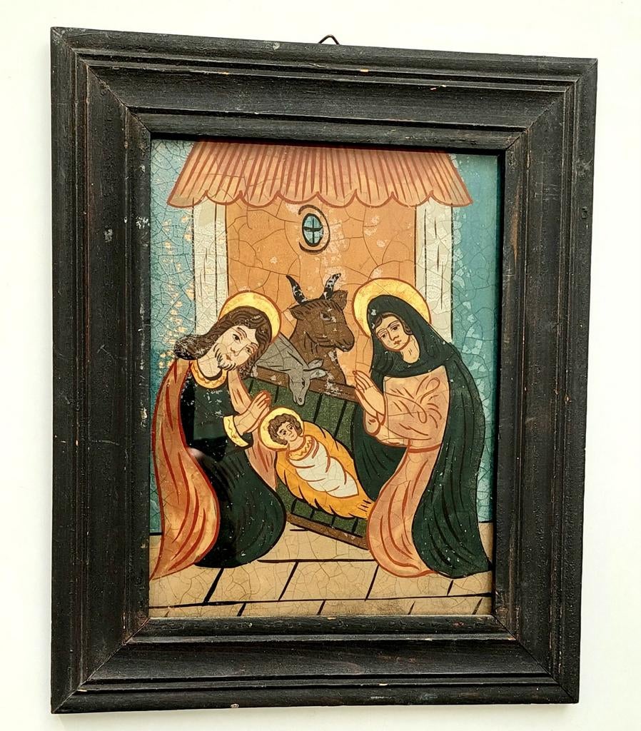 Antieke Religieuze Achterglasschildering Jozef Maria Jezus, Antiek en Kunst, Verzenden
