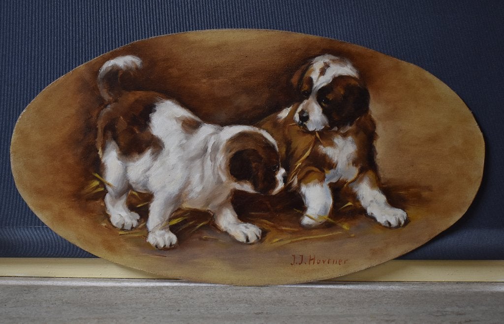 J.J. Hovener--Sint Bernard pups., Antiek en Kunst, Kunst | Schilderijen | Klassiek, Verzenden, Dieren, Ingelijst, Olieverf