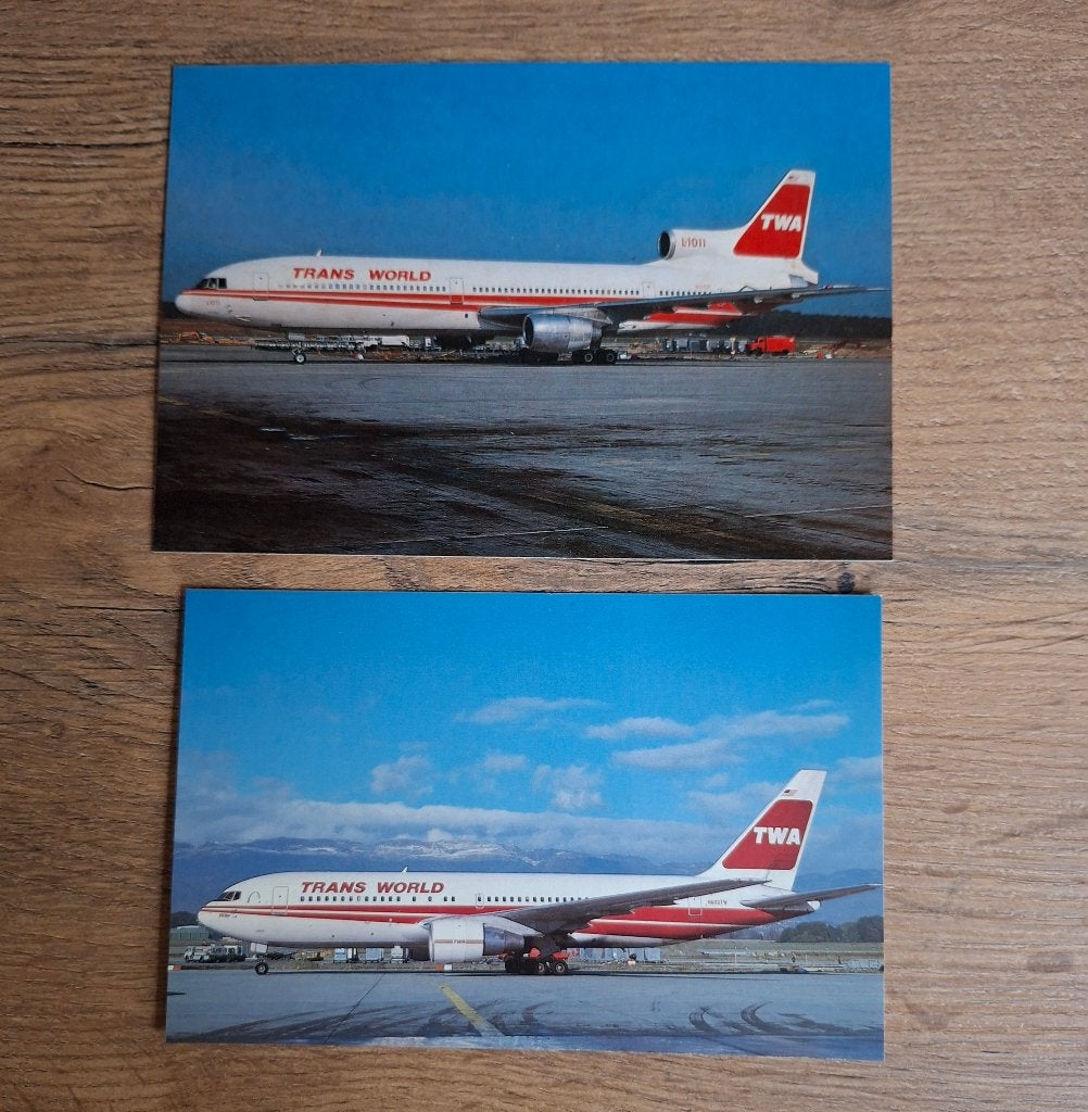 TWA Vliegtuig Ansichtkaarten - Lockheed L-1011 & Boeing 767, Ophalen of Verzenden, Zo goed als nieuw, Kaart, Foto of Prent