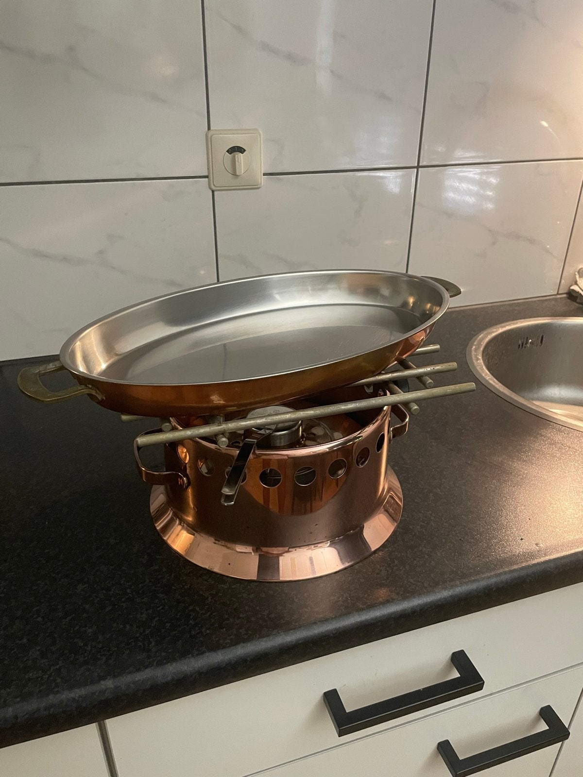 Spring koperen rechaud (flambeer) met pan 38 cm, Ophalen of Verzenden, Gebruikt, Fondueset