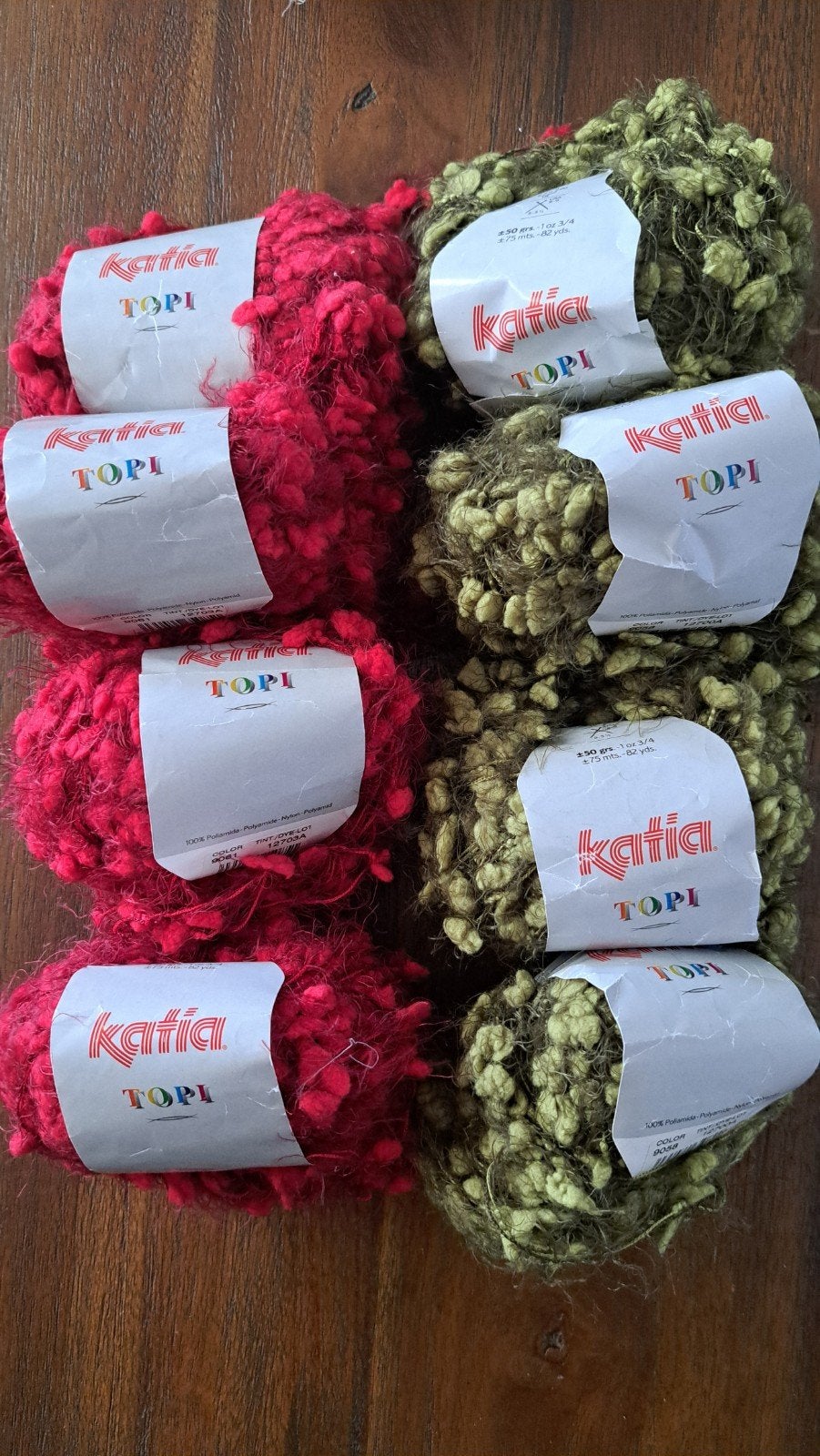 Katia Topi Wol - 8 bollen rood en groen, Ophalen of Verzenden, Zo goed als nieuw, Breien of Haken, Wol of Garen