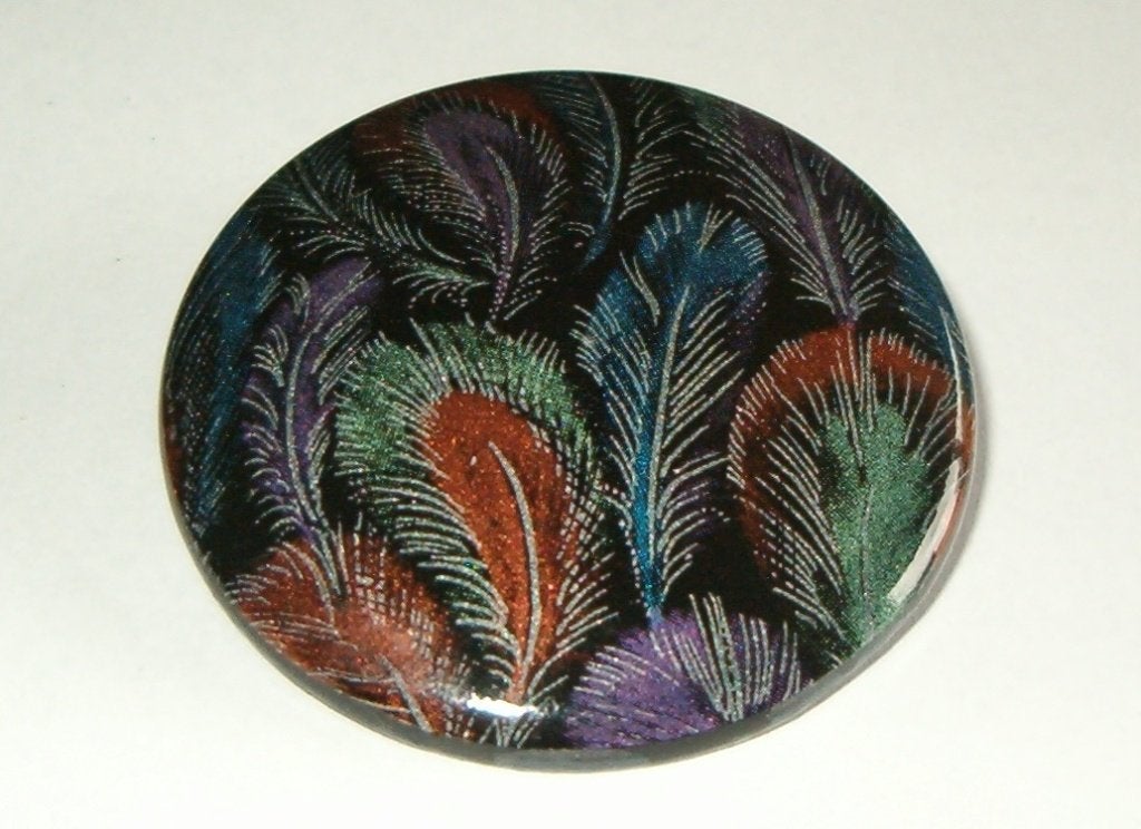 Oude broche plastic,  metalic pauwenveren print, Verzenden, Overige materialen