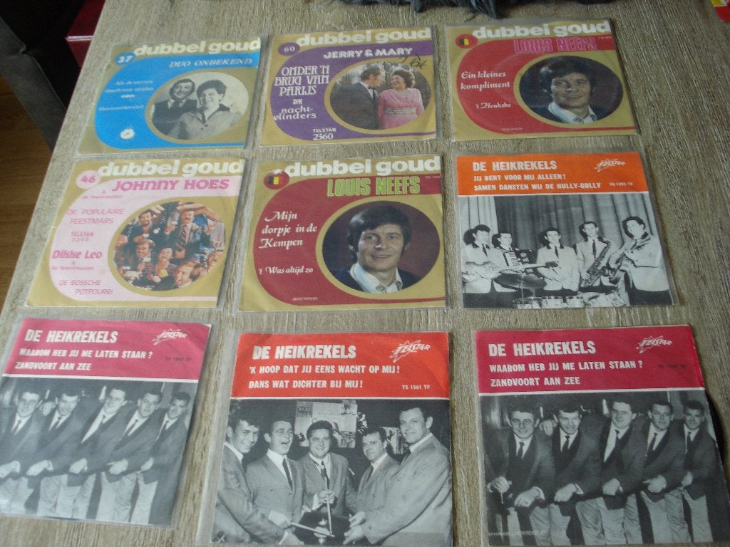 9 SINGLES 5X  DUBBEL GOUD EN 4X HEIKREKELS OP TELSTAR, 7 inch, Ophalen of Verzenden, Zo goed als nieuw, Beschermende buitenhoes