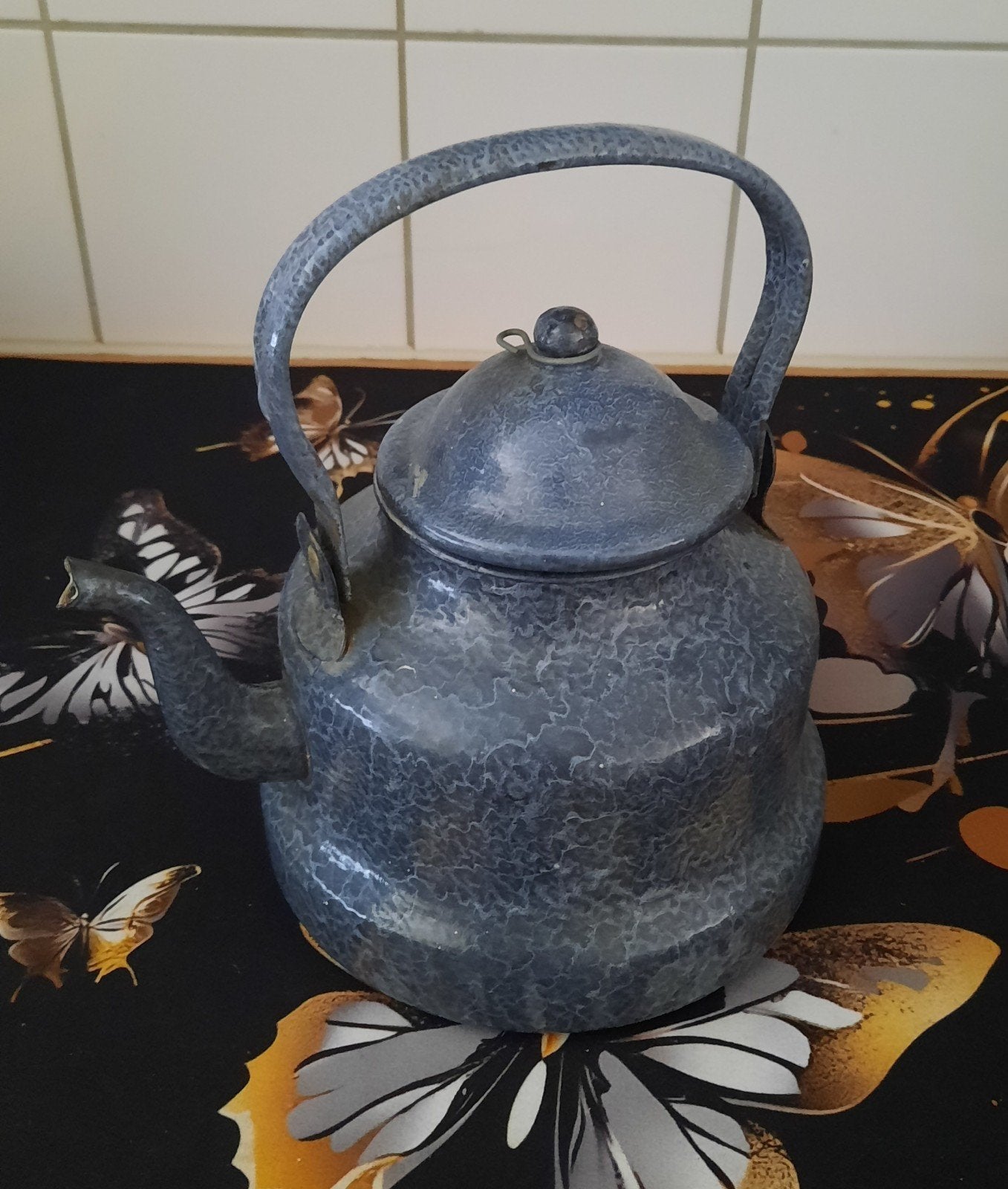 Vintage geëmailleerde theepot - Grijs gespikkeld, Ophalen