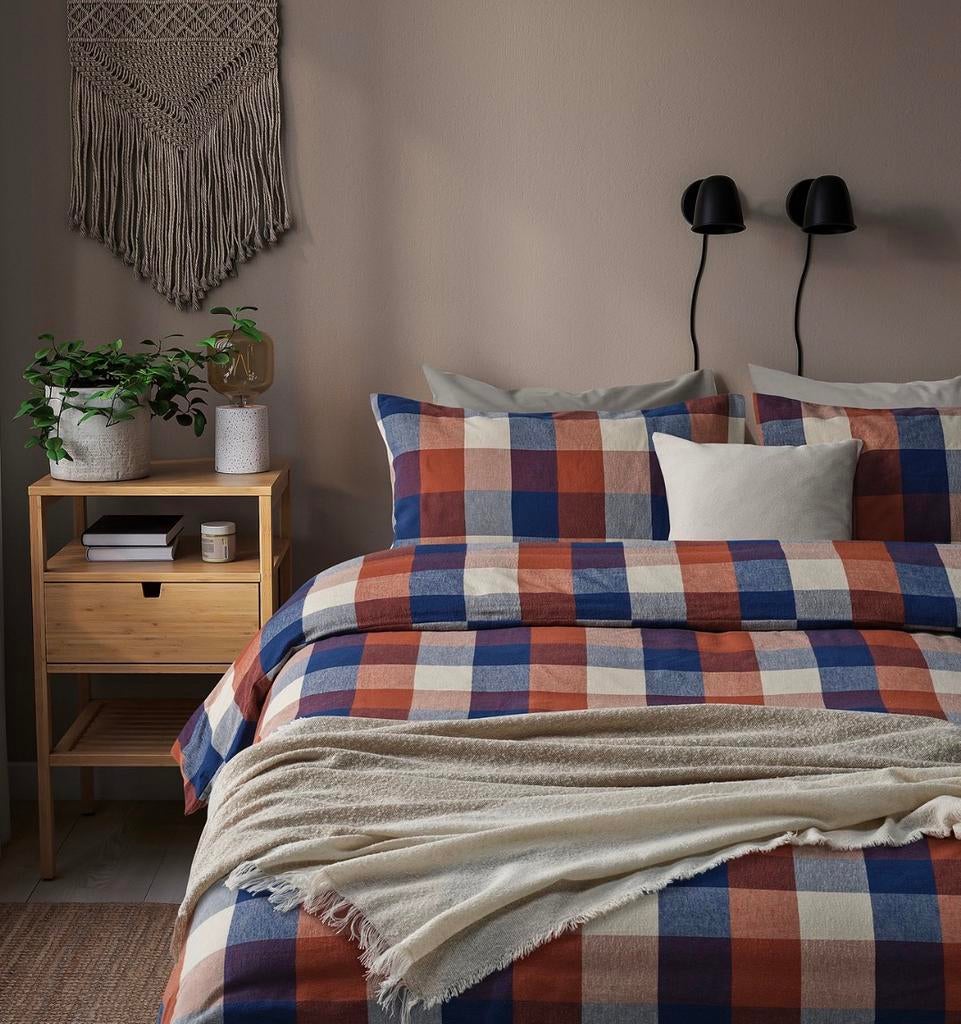 Ikea Blasenap dekbedovertrek 240x220 set rood blauw ruit, Blauw, Dekbedovertrek, Tweepersoons, Ophalen of Verzenden
