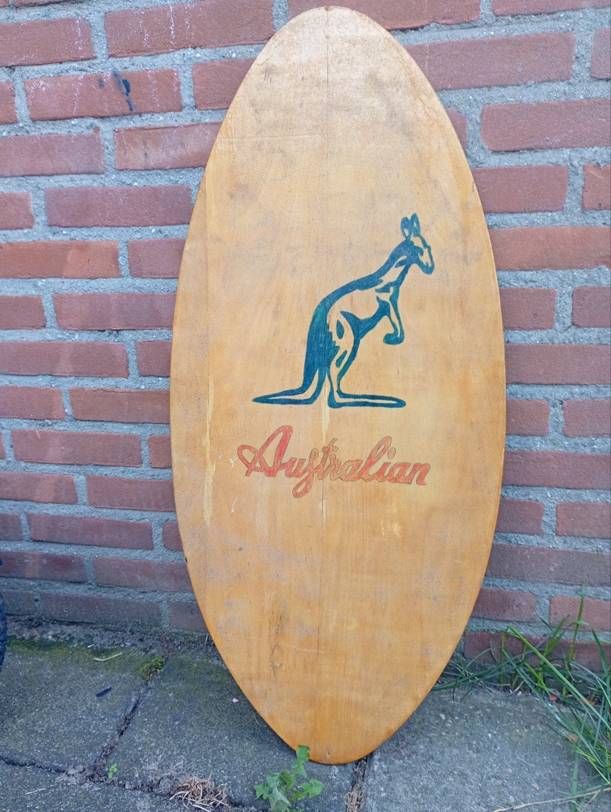 Vintage houten skimboard "Australian" met kangaroe-opdruk., Ophalen, Gebruikt, Longboard
