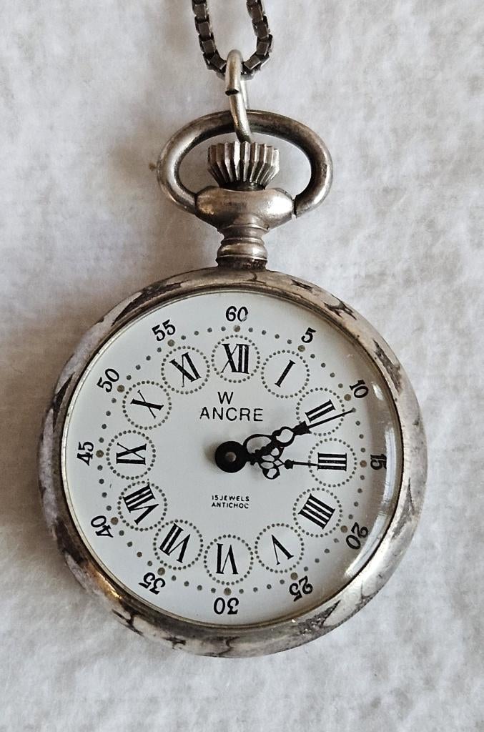 Zilveren zakhorloge ANCRE 15 jewels antichock, Sieraden, Tassen en Uiterlijk, Horloges | Antiek, Overige merken, Zakhorloge, Met ketting