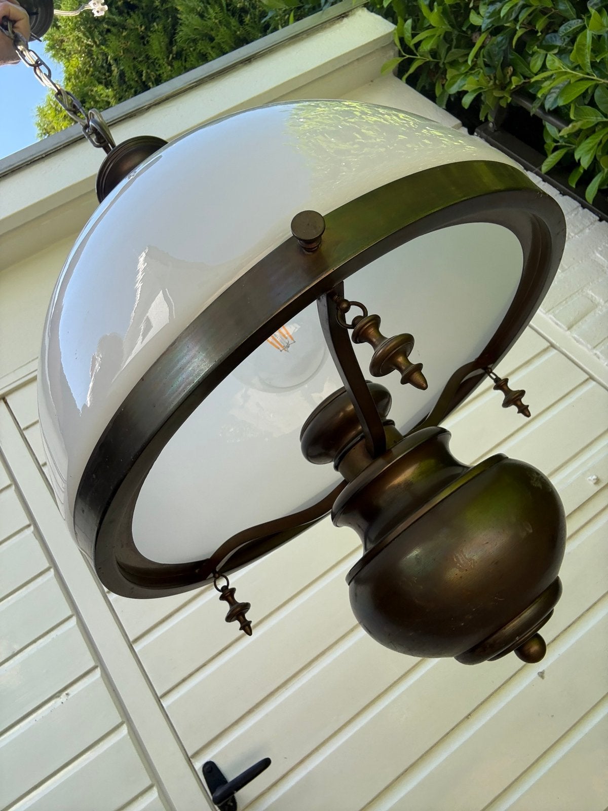Vintage hanglamp - messing / melkglas, Huis en Inrichting, Lampen | Hanglampen, Gebruikt, Metaal, E27 (groot), Ophalen