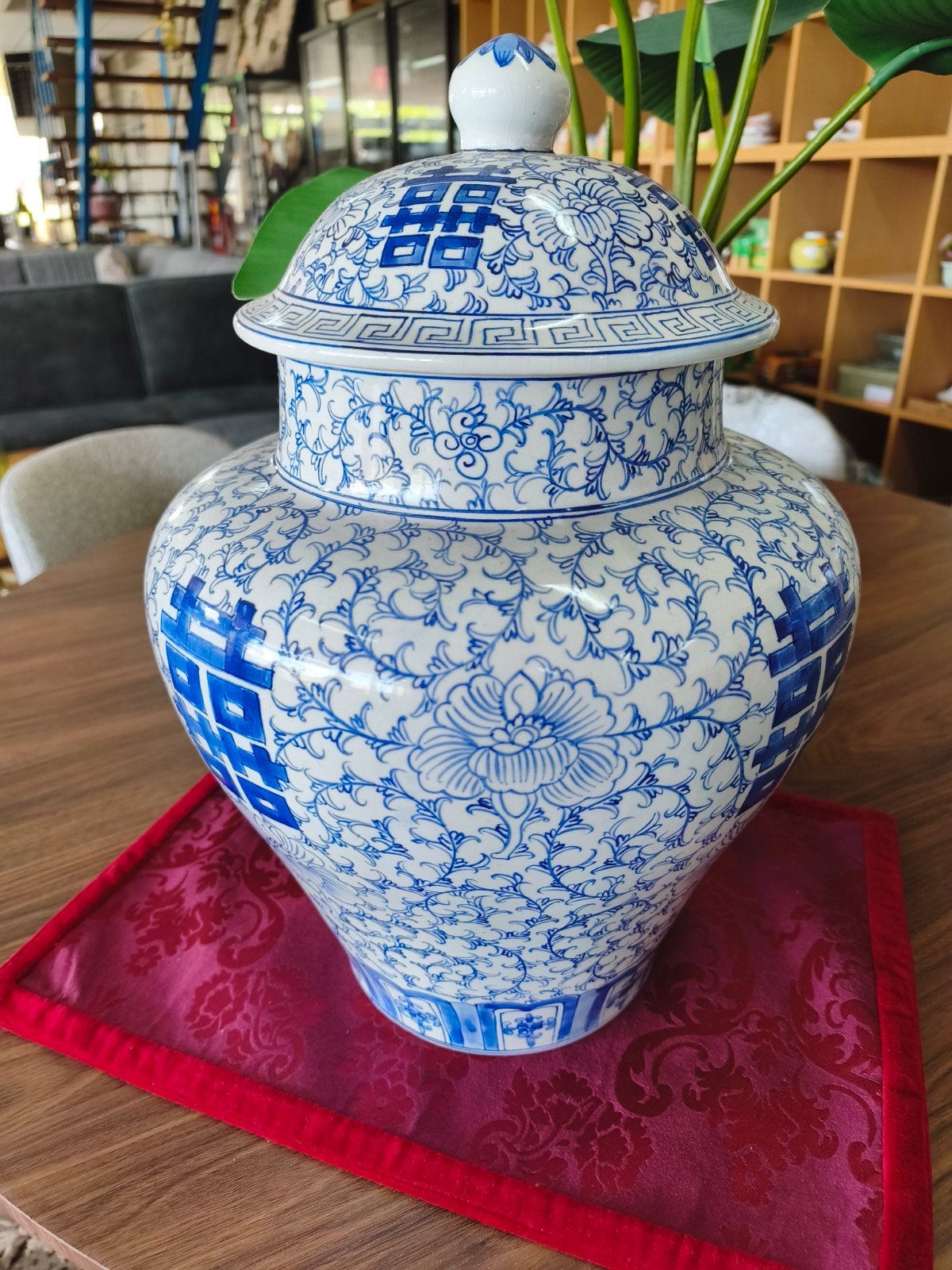 Grote Aziatische Porseleinen Dekselpot / Tempelpot (Blauw-Wi, Ophalen of Verzenden