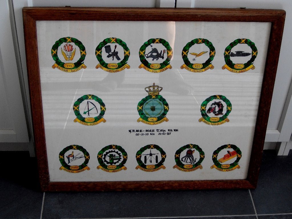 Glasplaat met handgeschilderde emblemen Vliegbasis Volkel, Ophalen, Luchtmacht, Nederland, Kunstobject