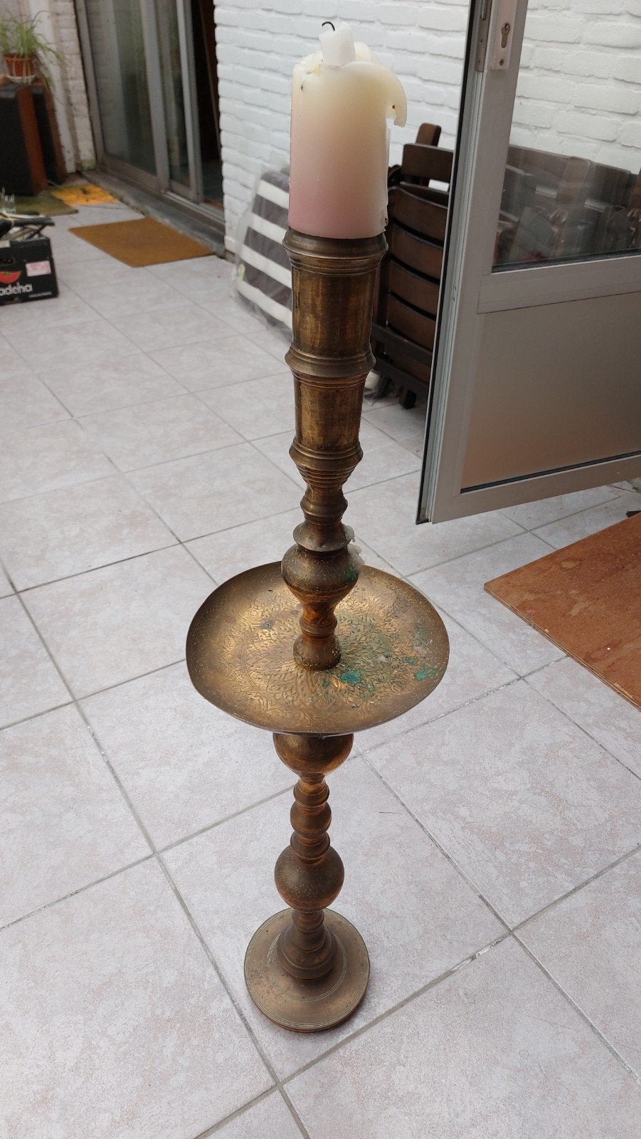 Koperen kandelaar met decoratieve schaal, Ophalen, Koper of Brons