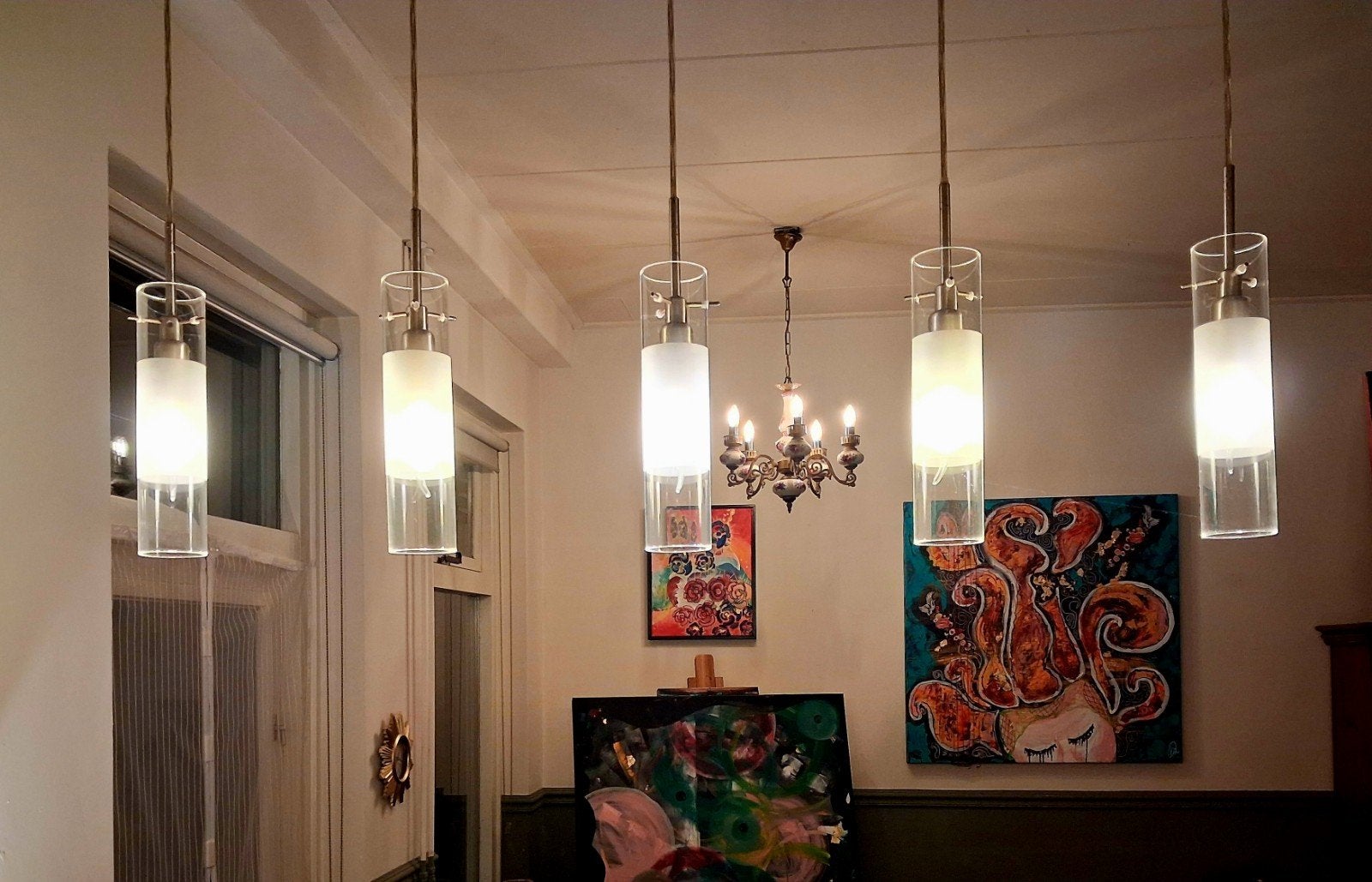 Design hanglamp 5 glazen kelken, Ophalen, Glas, Design, E14 (klein)