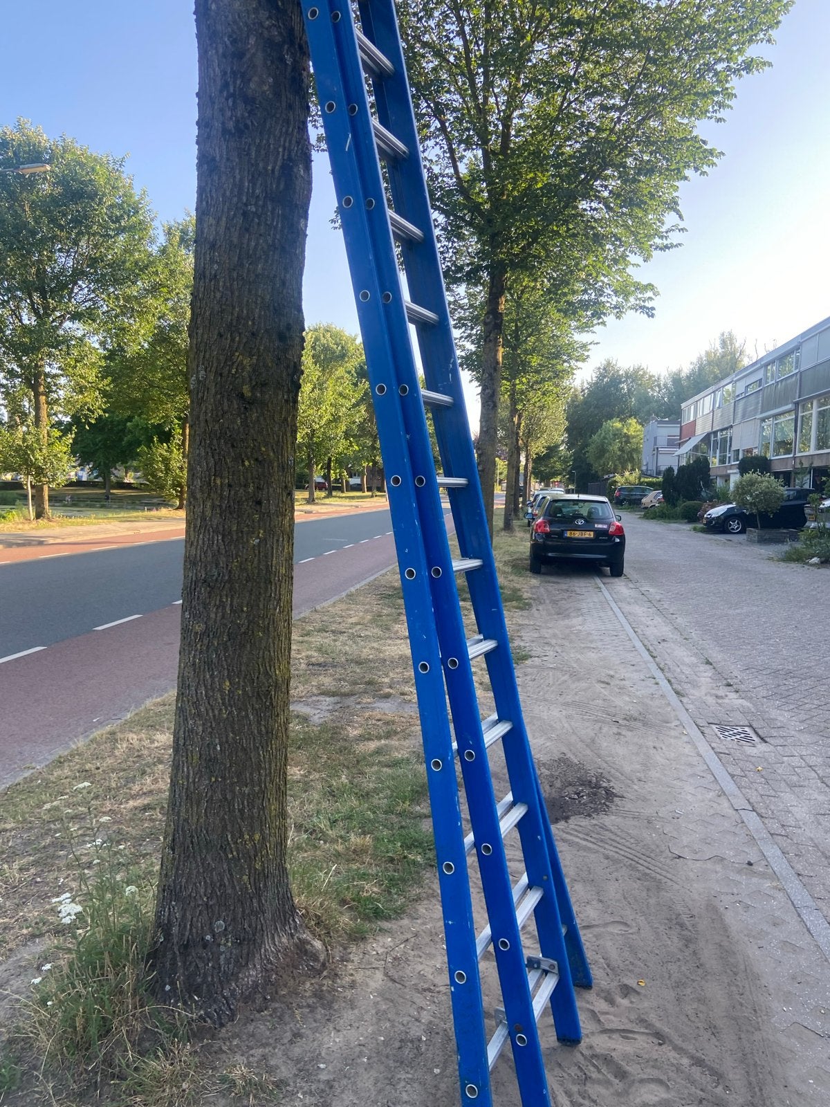 Stevige blauwe ladder, uitschuifbaar, 4 meter of meer, Ophalen, Gebruikt, Ladder, Opvouwbaar of Inschuifbaar
