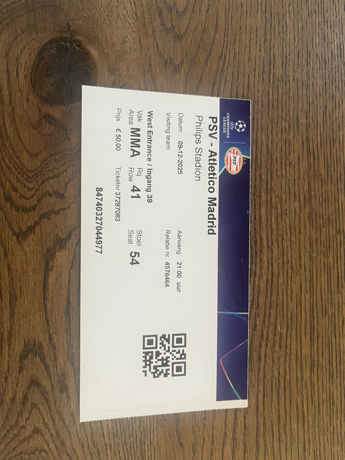 TICKET PSV-ATLETICO MADRID 25-26 CHAMPIONS LEAGUE, Verzamelen, Ophalen of Verzenden, Zo goed als nieuw, PSV, Overige typen