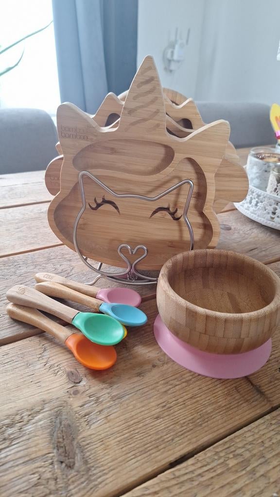 Bamboe kinder servies set - bordjes, kommetje en lepeltjes, Ophalen of Verzenden, Zo goed als nieuw, Overige typen
