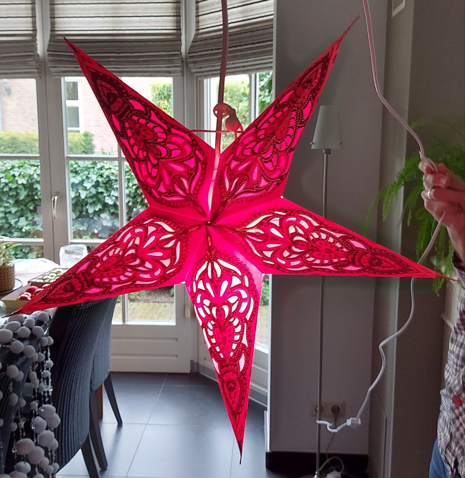 Papieren Kerstster rood glitters 40 cm inclusief verlichting, Ophalen, Zo goed als nieuw