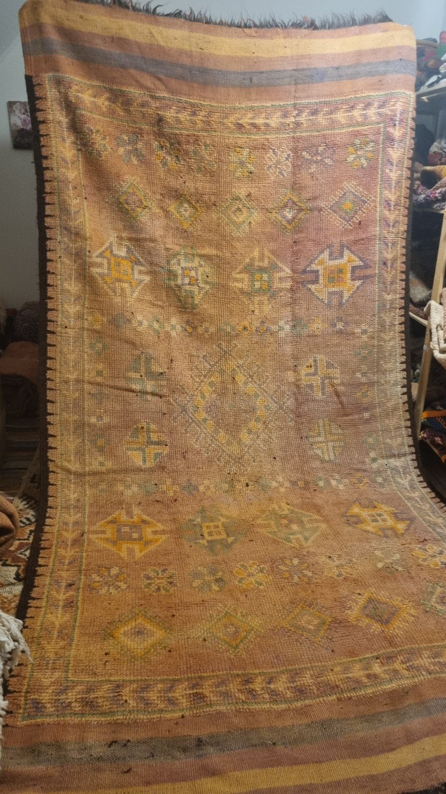 Vintage beni mguild Berber vloerkleed 170x340 cm, Gebruikt, 100 tot 150 cm, Berber, Etnisch, Bohemian, Geel