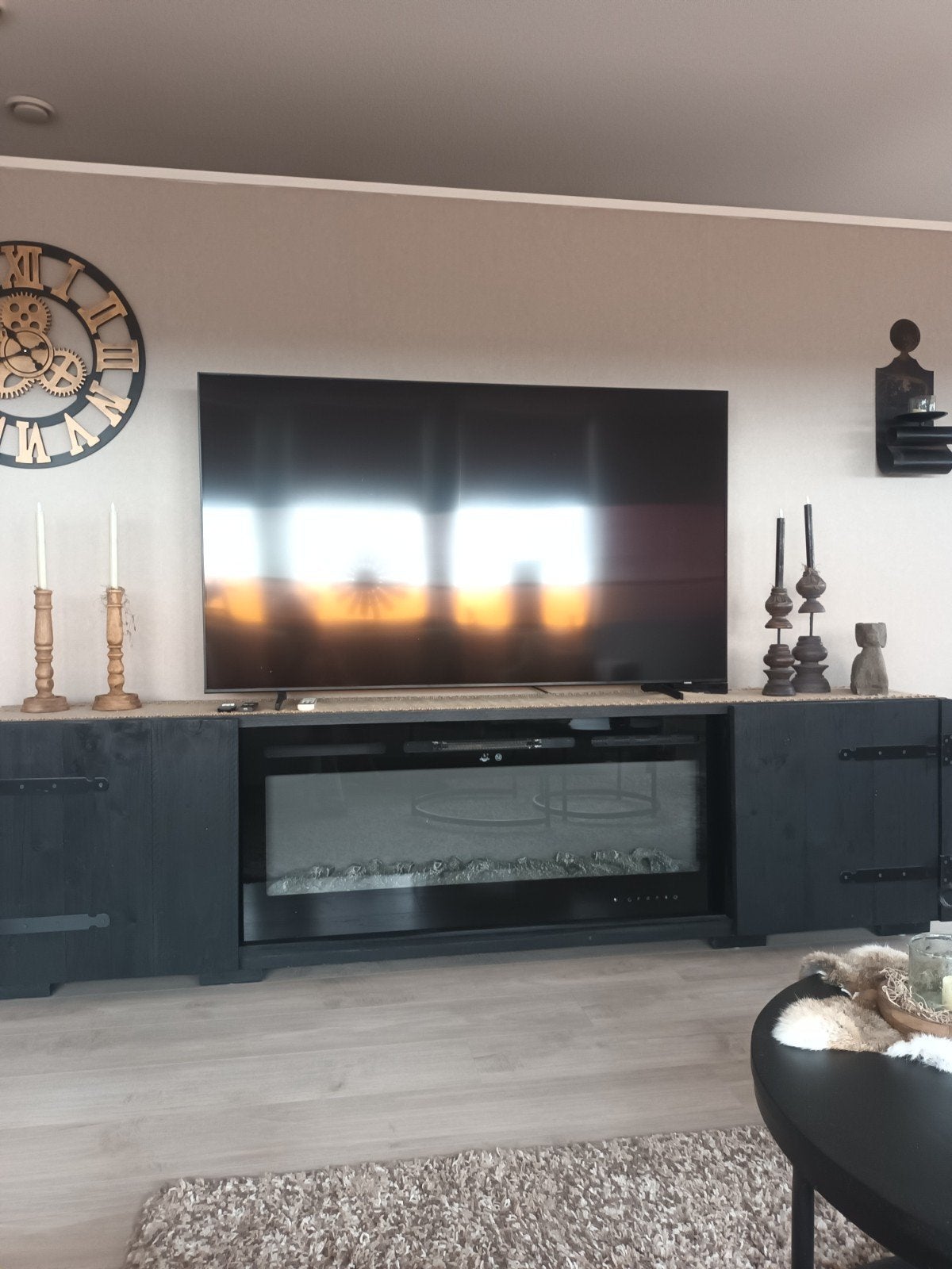TV-meubel met elektrische haard van steigerhout, Ophalen, Gebruikt, 200 cm of meer, Minder dan 100 cm