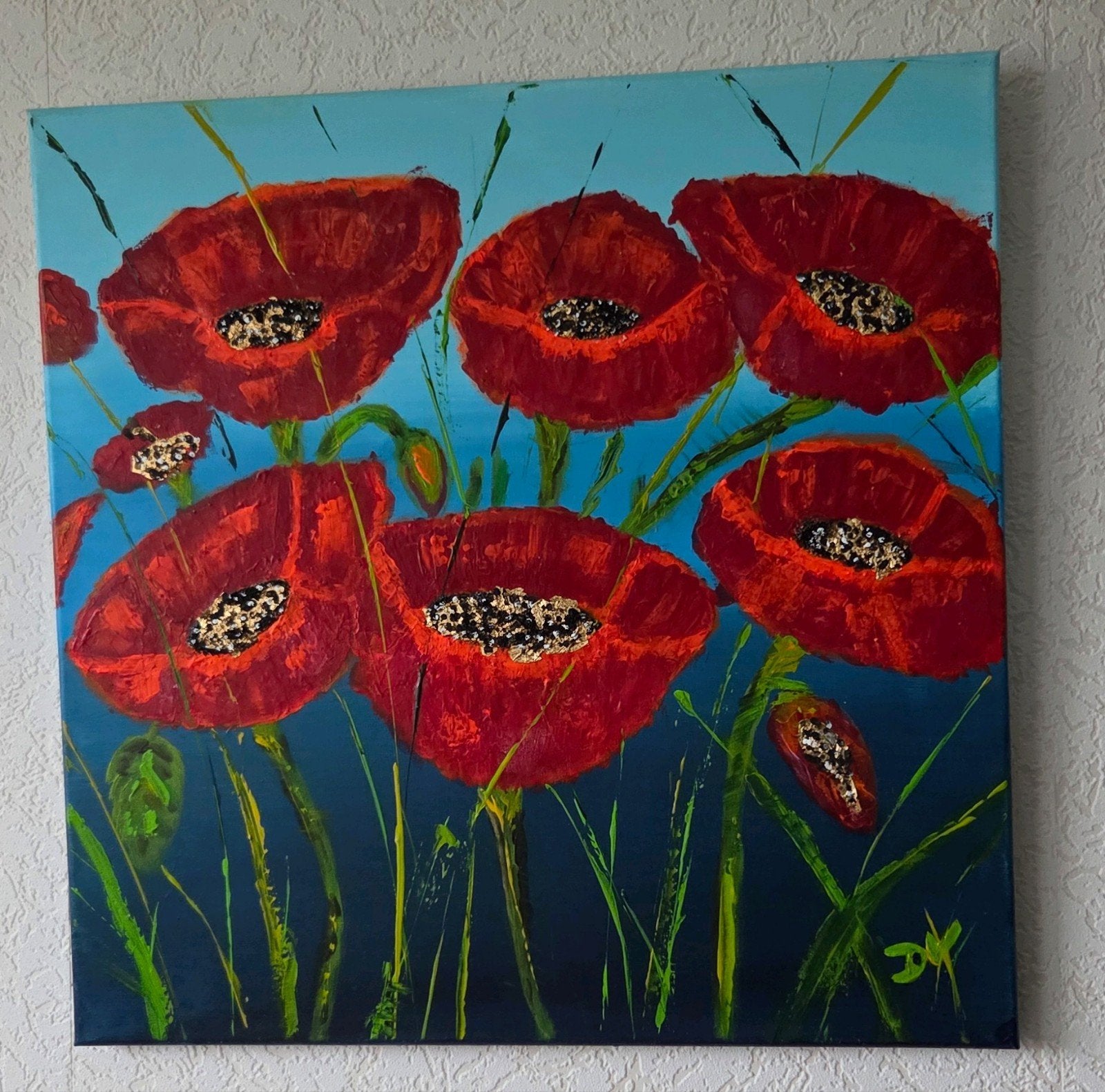 Schilderij rode klaprozen 50x50 cm, acrylverf, textuur, Antiek en Kunst, Kunst | Schilderijen | Modern, Ophalen