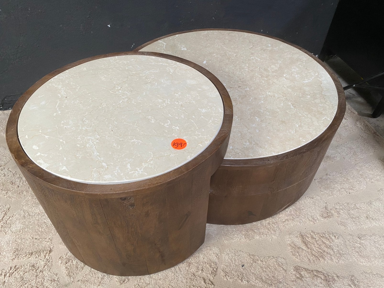 Salontafel set echt beige marmer mangohout 55&79cm bleuze, Ophalen, Rond, Nieuw, 50 tot 100 cm