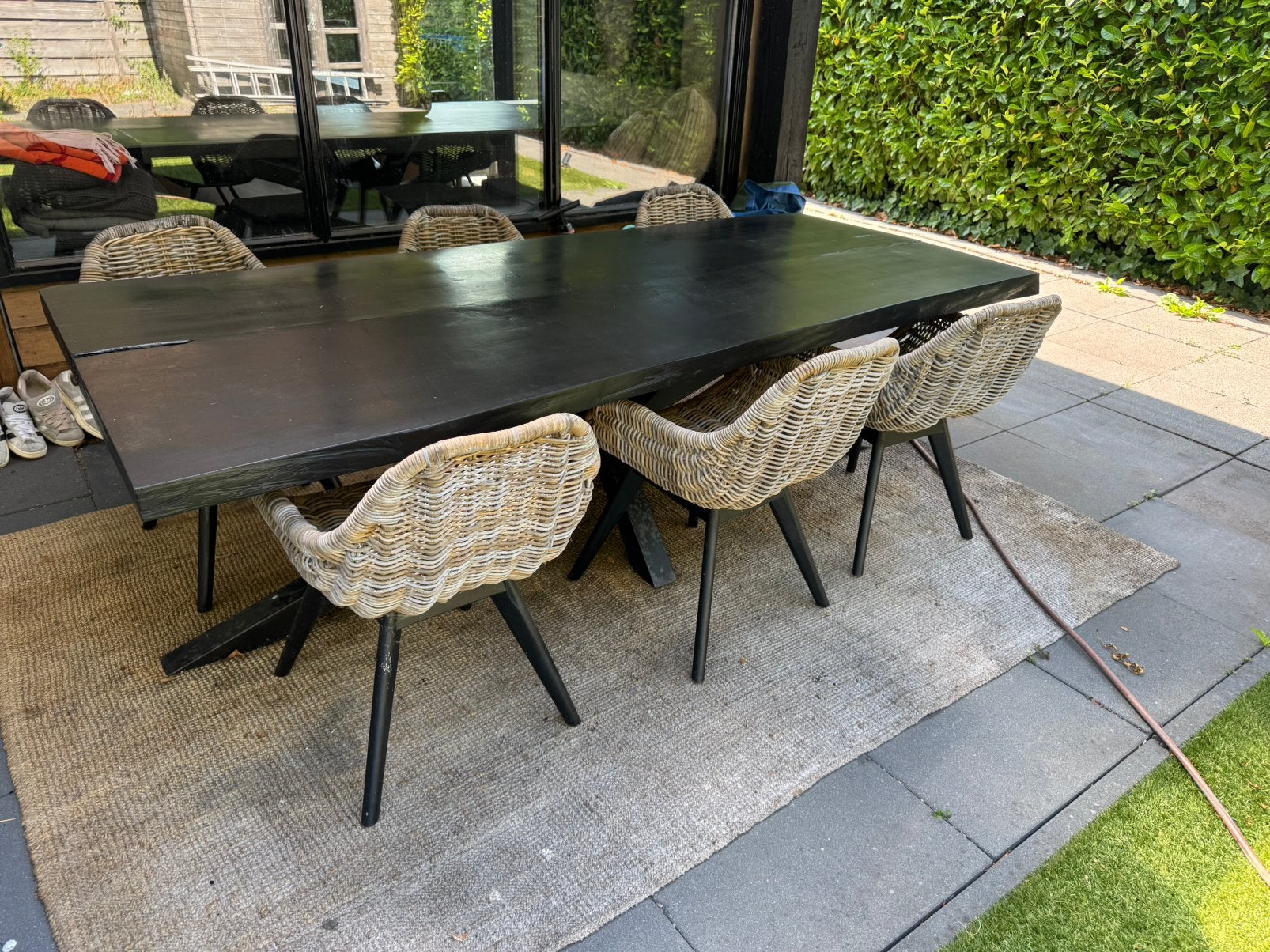 Boomstam buiten tafel 245/100-110/77 met stalen mateix frame, Ophalen, Gebruikt, Rechthoekig, Hout