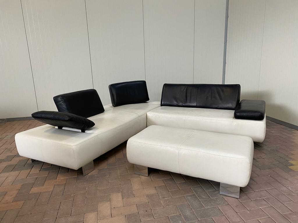 Montèl Witte Leren Hoekbank met Hocker - Gratis Levering, Huis en Inrichting, Banken | Bankstellen, 100 tot 125 cm, Hoekbank, Leer