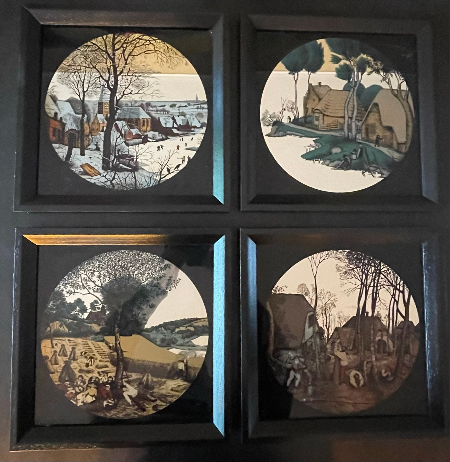 Set van 4 Bruegel reproducties op spiegelglas, Antiek en Kunst, Kunst | Schilderijen | Klassiek, Ophalen of Verzenden