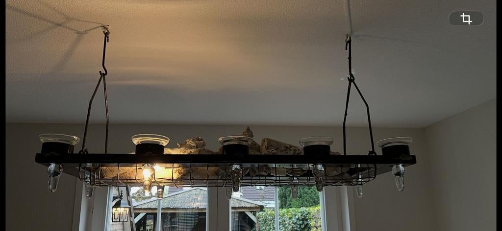 Unieke 2 stuks smeedijzer hanglamp glazen elementen, Ophalen of Verzenden, Zo goed als nieuw, Glas, Landelijk, Industrieel, Rustiek