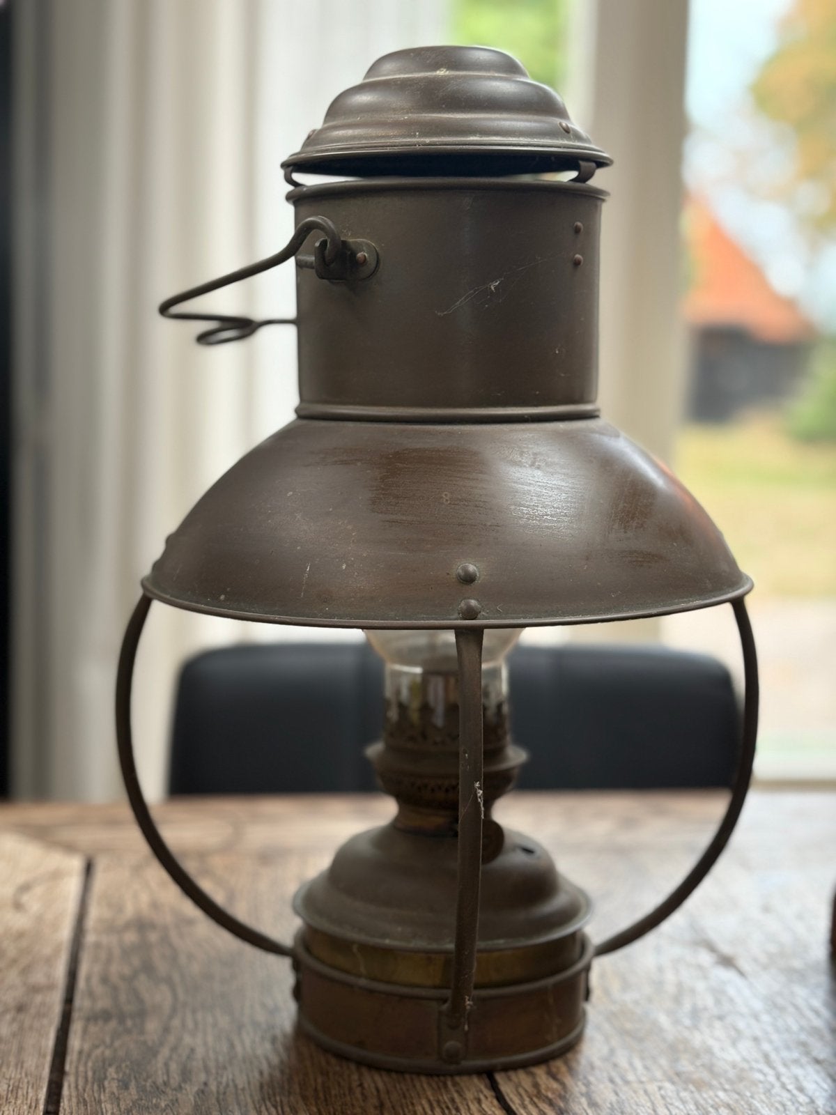 Koperen of messing olielamp met kap - hanglamp, Antiek en Kunst, Ophalen of Verzenden