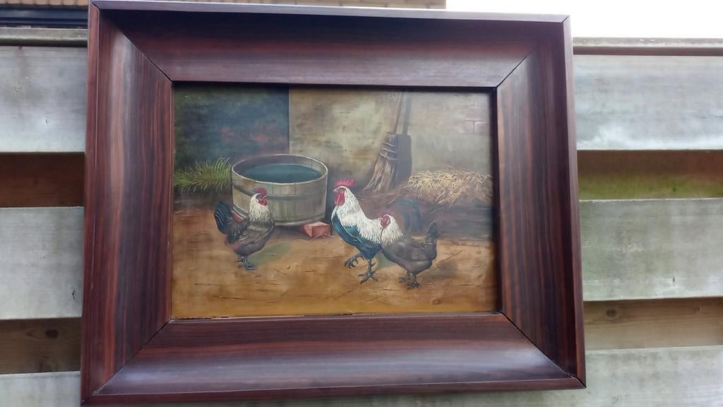 Olieverf schilderij kippen, Ophalen of Verzenden