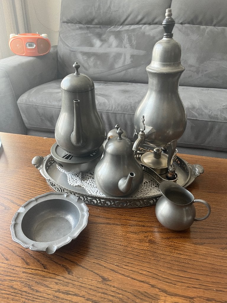 Complete vintage tinnen koffie- en theeset met dienblad, Antiek en Kunst, Ophalen