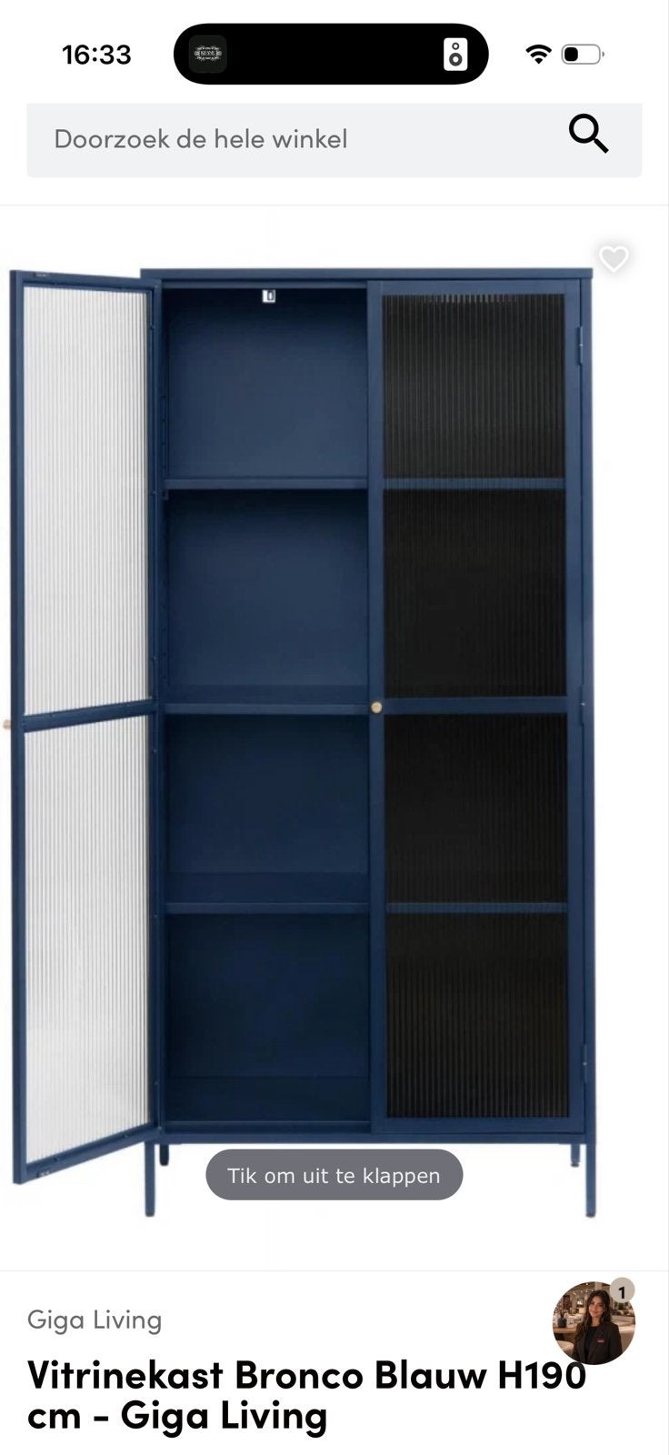 Giga Living Vitrinekast Bronco Blauw 90x190 cm - Zo goed als, Ophalen, 50 tot 100 cm, Zo goed als nieuw, 150 tot 200 cm